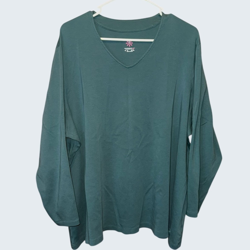 Isaac Mizrahi Live Essentials Teal Pima Cotton V-Neck Long Sleeve Top Plus 3X